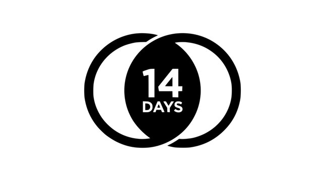 A sleek monochrome icon featuring two overlapping geometric circles framing a fourteen-day text layout, symbolizing a fortnight quarantine timeline, isolation windows, or biweekly payroll schedules