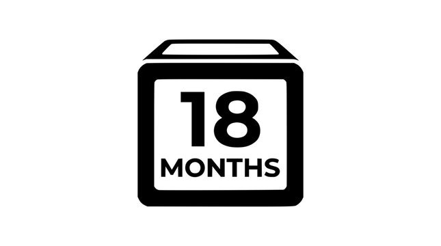 An explicit thick-lined box frame graphic highlighting an eighteen-month duration period, constructed for clear visualization of extended electronics warranties, baby development milestones,