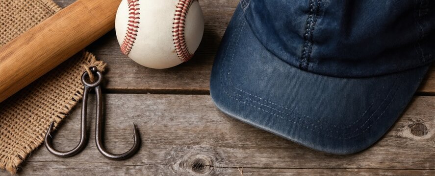 Vintage baseball cap rests near fishing hooks, ball on rustic wood surface. Aged tackle gear evokes memories of outdoor adventures. Weathered textures suggest time passed ideal for themes like