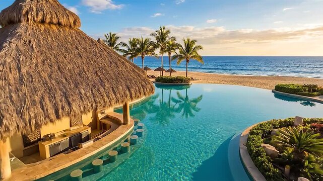 Luxury tropical resort pool with thatched bar overlooking ocean, vacation, relaxation and premium travel destination concept.