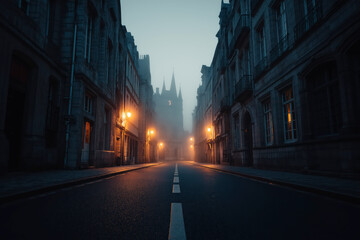 Fototapeta premium Empty European Old Town Street At Night With Glowing Lanterns And Misty Cathedral