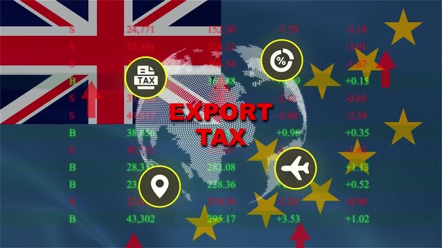 Brexit Trade Impact: Composite image illustrating the economic impact of Brexit, featuring the Union Jack flag and EU stars alongside symbols of trade, travel, and financial data.