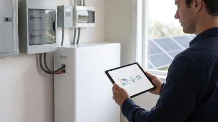 Fototapeta premium Homeowner managing household energy trading with battery storage and mobile control, monitoring solar power generation and grid distribution.