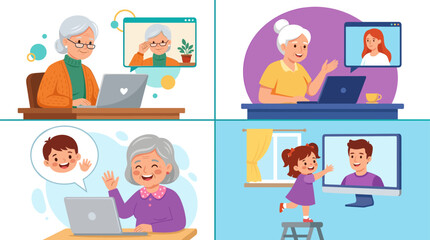 Fototapeta premium Stylized illustrations of intergenerational family members video chatting on computers showing connection and communication through technology