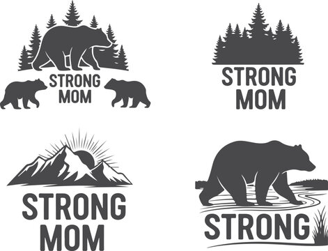 Collection of strong mom bear emblems with cubs and nature elements in monochrome silhouette style.