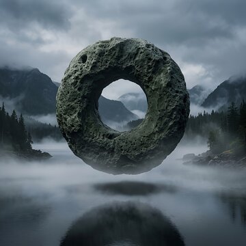 Mysterious stone ring floating over foggy lake and mountains, surreal landscape