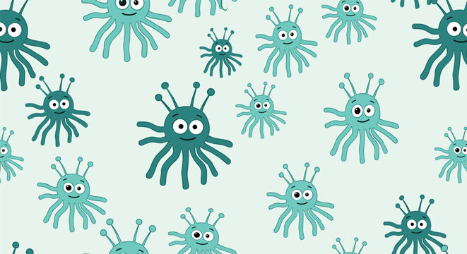 Seamless repeating pattern of cute green alien monsters with multiple eyes and tentacles on light teal background.