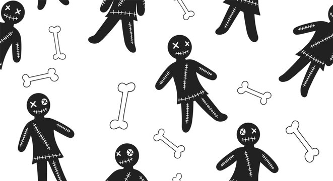Spooky seamless pattern featuring black voodoo dolls with stitch details and white bones on a clean white background.