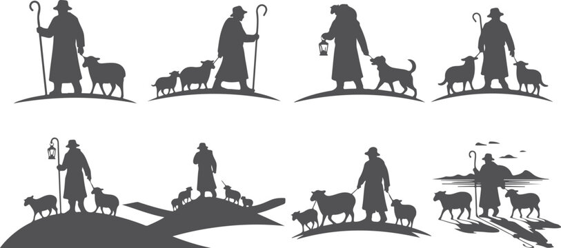 Collection of shepherd silhouettes with sheep and dogs on varied landscapes.