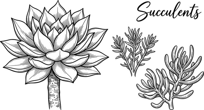Vintage botanical engraving illustration of succulent plants with rosette, tubular, and elongated leaves for scientific and decorative use