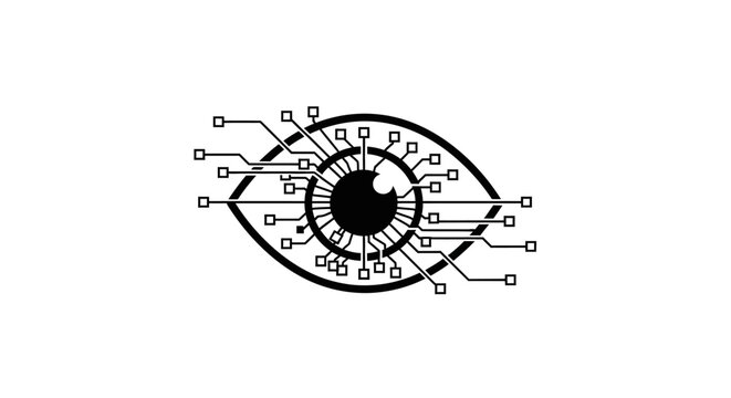 Conceptual representation of an eye infused with digital technology and integrated circuits