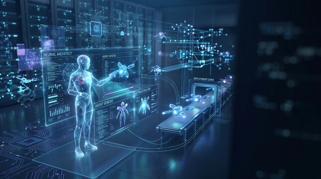 Futuristic technology, humanoid robot, virtual interface, cyberpunk scene, blue neon lights