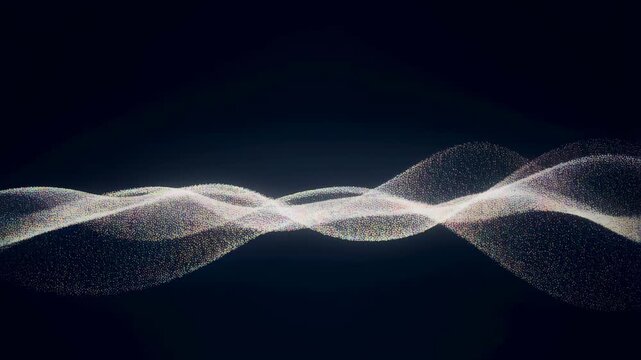 Abstract wave patterns with glowing particles on a dark background. Visual representation of sound waves, energy flow, and digital technology