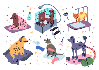 Fototapeta premium Cartoon Color Dog Beauty Grooming Salon Scenes Set Pet Concept Flat Design with Elements Hand Drawn Doodle Style. Vector illustration