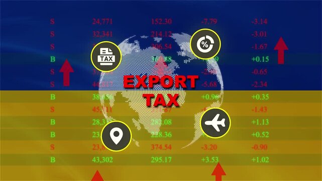 Global Export Tax Concept: An illustrative graphic symbolizing international trade and taxation, featuring a globe, financial data, and icons representing transport and logistics.