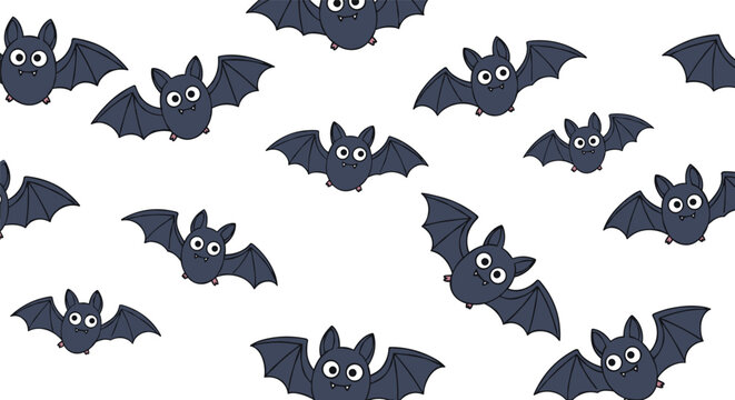 Seamless pattern of cute cartoon bats with large eyes and tiny fangs flying against a plain white background for Halloween.