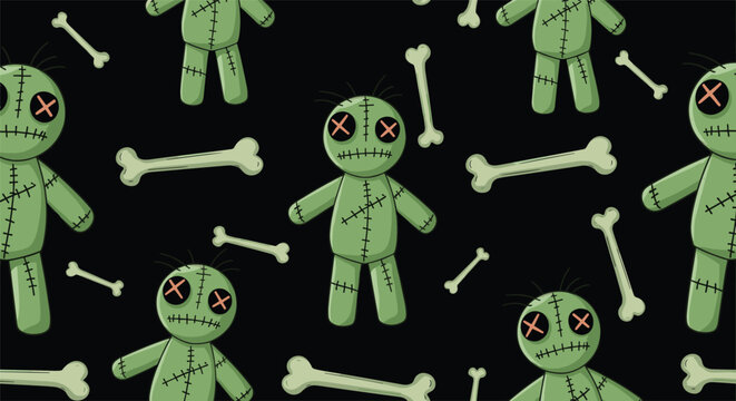 Seamless pattern of green voodoo dolls and white bones on a black background is perfect for spooky and mystical themes.