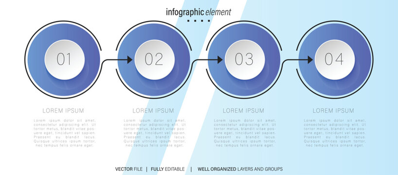 Four blue numbered circles with placeholder text infographic element on white background