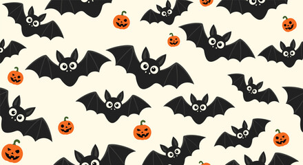 Fototapeta premium Cheerful halloween seamless pattern featuring cute black bats flying among small orange jack o lantern pumpkins.