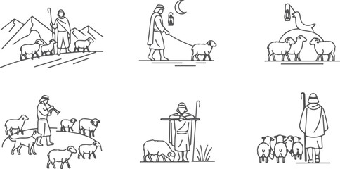 Obraz premium Shepherd leading sheep across mountains at day and night with lantern, farm animals grazing, rural life.