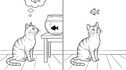 Playful black-and-white illustration of cat imagining fish in bowl versus surreal scene with fish floating outside container © mokbul