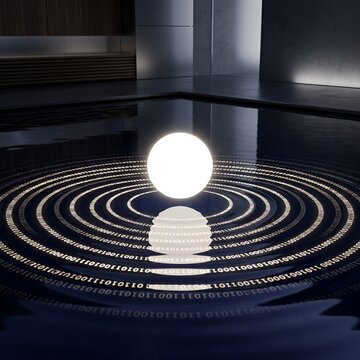 Glowing Orb and Binary Code Ripples on Water Surface, Abstract Technology Concept