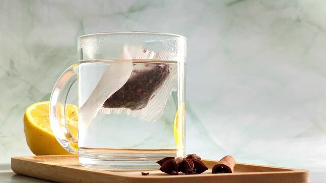 Hand dropping tea bag into clear glass cup with boiling water, dramatic steam and red herbal color infusion swirl close up.