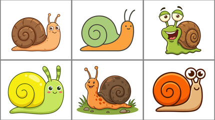 Playful cartoon snail illustration set featuring six unique colorful designs with expressive eyes, spiral shells, and friendly poses © mokbul