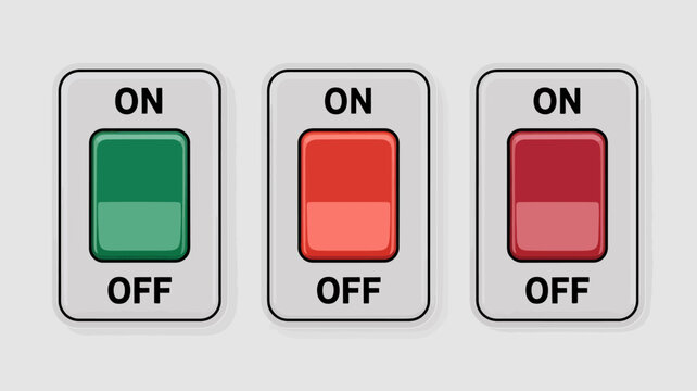 Three illuminated power switches in on and off positions with green and red lights