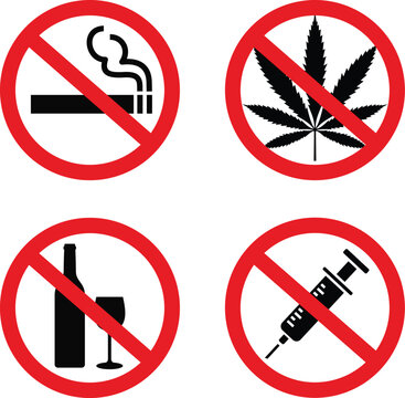 Prohibition signs depicting no smoking cannabis alcohol and drug use in a flat icon style