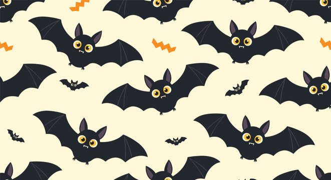 Playful seamless pattern of cute cartoon bats flying over a pale yellow background with orange lightning bolts for halloween themes.