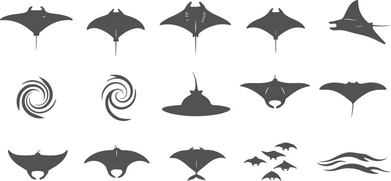 Collection of stylized manta ray silhouettes, underwater marine life, ocean creatures, and swirling water elements for design.