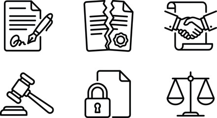 Fototapeta premium Legal and business contract line icon set featuring signed document broken agreement handshake deal gavel padlock and scales of justice