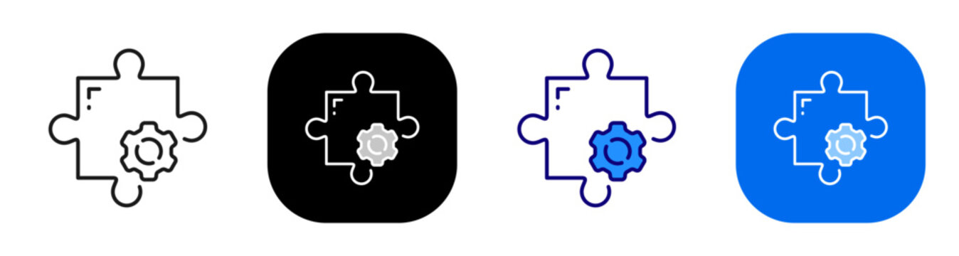 Puzzle gear concept representing system integration and process configuration. Line, filled, black, color set. Editable stroke
