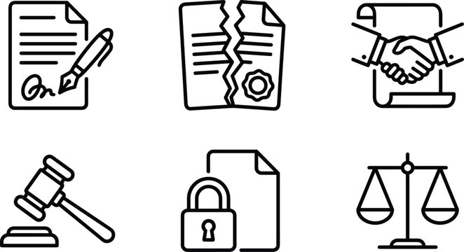 Legal and business contract line icon set featuring signed document broken agreement handshake deal gavel padlock and scales of justice