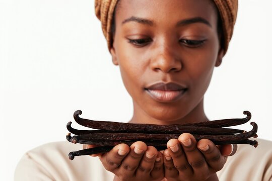 Young african woman holds fresh vanilla pods. Farmer shows organic crop grown in Madagascar. Vanilla harvesting and cultivation in rural area.
