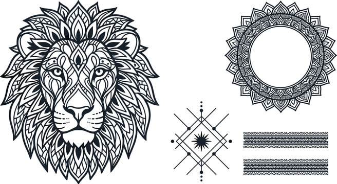 Mandala Lion Collection Featuring Ornamental Big Cat Line Art with Sacred Geometric Patterns and Decorative Boho Vector Design Elements
