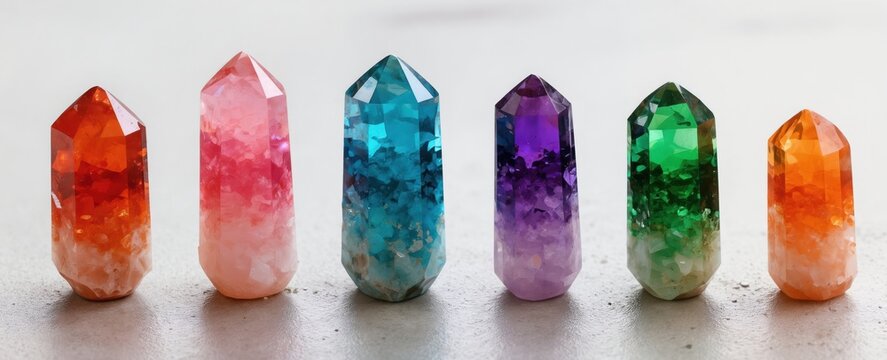 Seven polished crystal points in bright rainbow colors align on clean surface. Gemstones show clear facets and rough base texture. Beautiful decoration pieces, mineral collection, or healing tools.