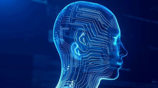 Futuristic digital human head with circuit patterns. Represents the intersection of technology and humanity in the digital age