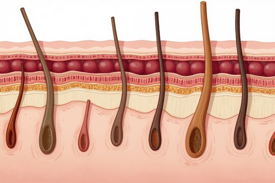 Cross section of human skin shows epidermis dermis hypodermis layers. Hair follicles sebaceous glands, sweat glands are visible with various hair shaft lengths. Medical illustration of skin biology.