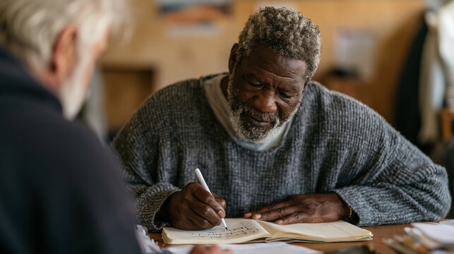 Adult literacy learner in his sixties carefully traces handwritten words in a lined notebook at a church basement program table, a tutor across from him with patient