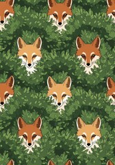Fototapeta premium Seamless pattern of cute red fox heads peeking through dense green leaves and bushes in a forest