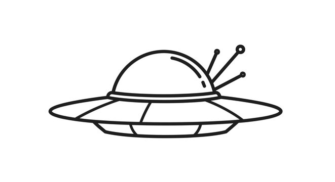 Simple ufo flying saucer outline featuring a minimalist alien spacecraft design with antennas on a white background for science fiction art.