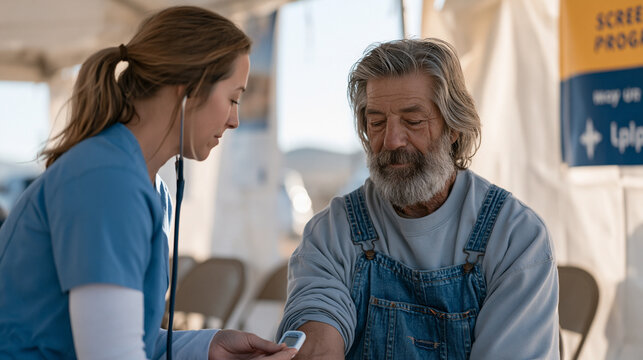 Biometric screening station inside a quiet rural community health fair tent, a registered nurse using a portable blood glucose meter on a seated older farmer in overalls, folding