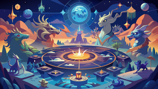 Fantasy world map with cosmic planet and dragon statues around glowing circle mystical adventure landscape celestial illustration colorful dreamlike ethereal mythical creatures monuments