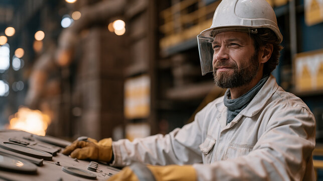 Steel mill worker operating a furnace controls panel while a waste heat recovery unit captures exhaust thermal energy behind him, hard hat and face shield on, safety signage