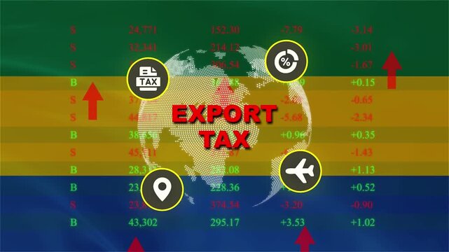 Global Export Tax Implication: A conceptual graphic illustrating the impact of export taxes on global trade, featuring a world map, financial data.