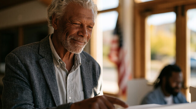A naturalized American man in his seventies runs a finger slowly down a paper ballot for the first time, poll worker seated patiently nearby, autumn light filtering through the
