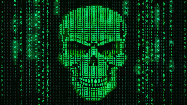 Digital skull icon made of green binary code stream with technology security internet abstract computer background protection information programming electronic software connection