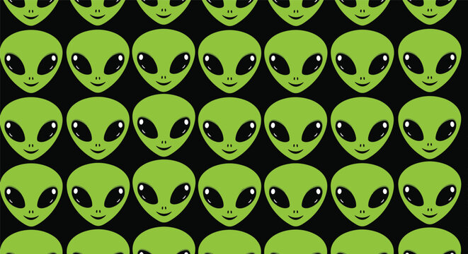Green alien face seamless pattern on a black background featuring multiple extraterrestrial heads for science fiction and space themes art.